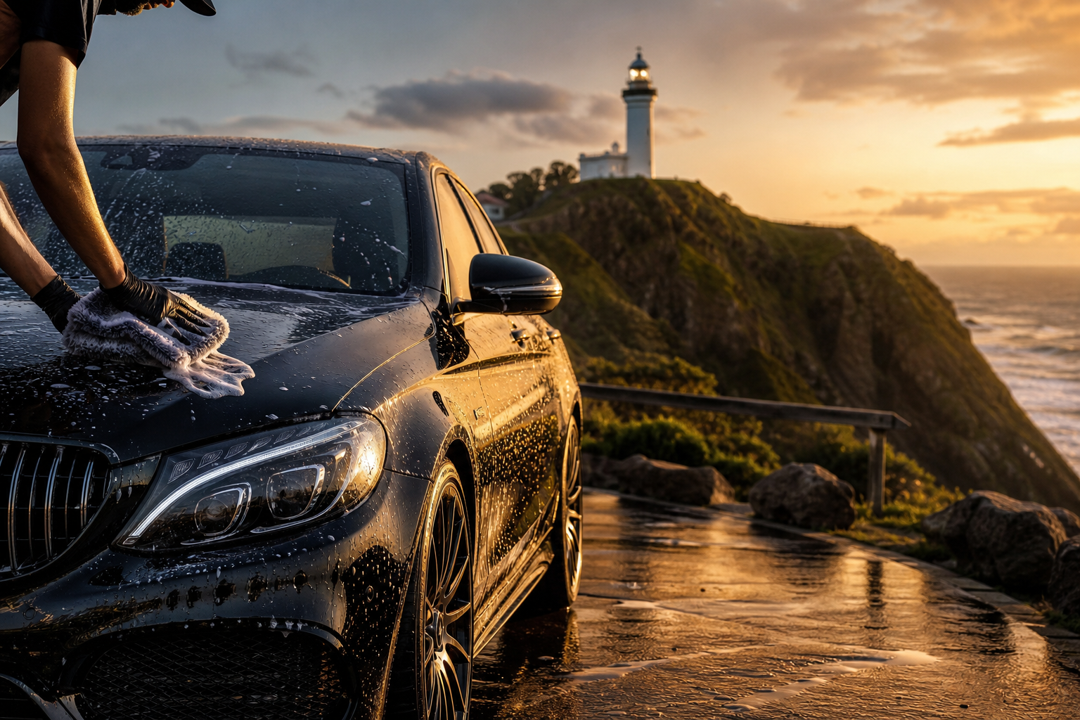 Luxury car being hand washed with Byron Bay lighthouse and headland in the background